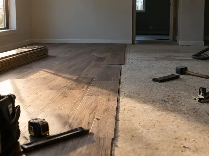 A room mid install, half the floor in new plank and the other half bare leveled subfloor, tools on the ground, no people
