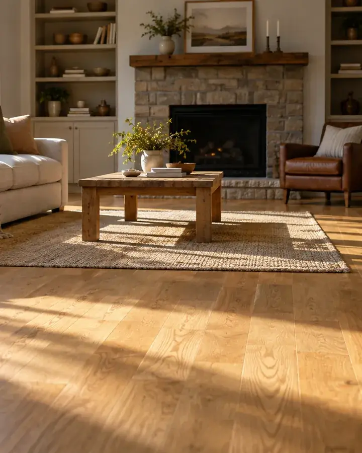 A living room with new oak hardwood laid straight to the wall