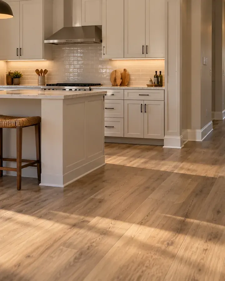 A kitchen and hall with waterproof plank running through