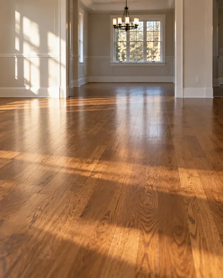 A hardwood floor sanded and refinished in a warm stain