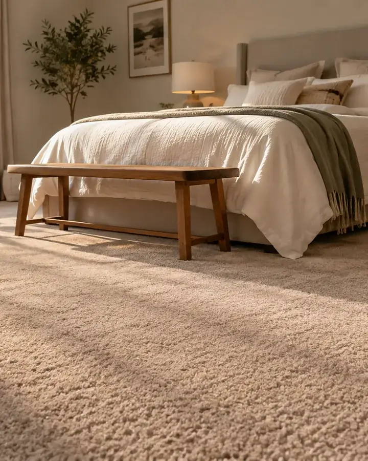 A bedroom with new carpet stretched tight to the walls