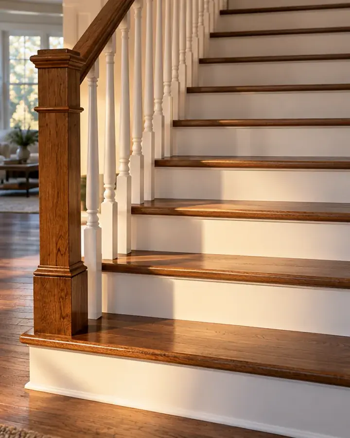 A staircase with new hardwood treads and painted risers