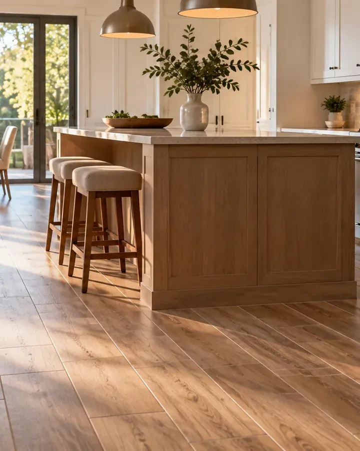 A kitchen with a wood look tile floor